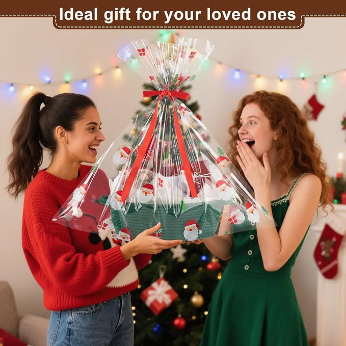 OIAHOMY Gift Basket with Handle, Small Woven Basket with Gift Bag, Ribbon and Wrap Tissue Paper, Nursery Bins Empty to Fill with Small Items, Baby, Pet Toy Organizer - Christmas Green