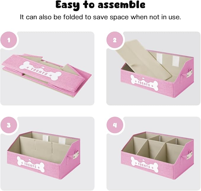 Dog Treat Container, Dogs Storage Organizer with Removable Dividers, Collapsible Dogs Treat Holder for Countertop, Trapezoid Pet Treats Containers, Dog Toy Basket with PU Handles, Medium, Pink