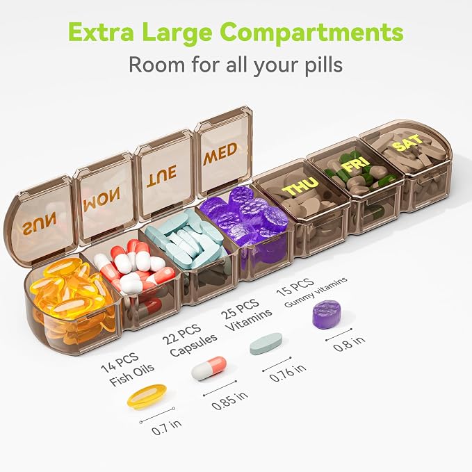 Large Pill Organizer Weekly - 7 Day Compartments with Easy-Open Design | SHIJOINYU XL Pill Box with High-Capacity, Daily Medicine Pill Organizer for Vitamins, Supplements, Fish Oils