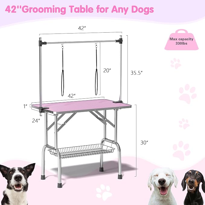 42'' Stainless Steel Pet Dog Grooming Table, Arm/Noose/Tray, Pink | Foldable Dog Grooming Table for Dogs at Home, Adjustable Height Arm, Non-Slip Waterproof Tabletop, Capacity 330Lb