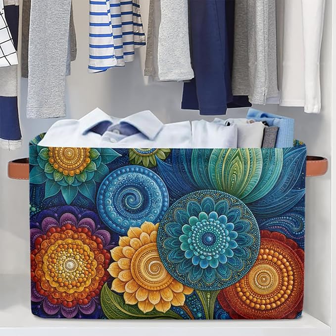 Mandala Basket Storage Bins Rectangle Canvas Basket Cube Storage Box | Nursery Foldable Basket with Handle for Kids Girls Boys Toys Living Room Closet Organizer Shelf Gifts Colorful Bohemian