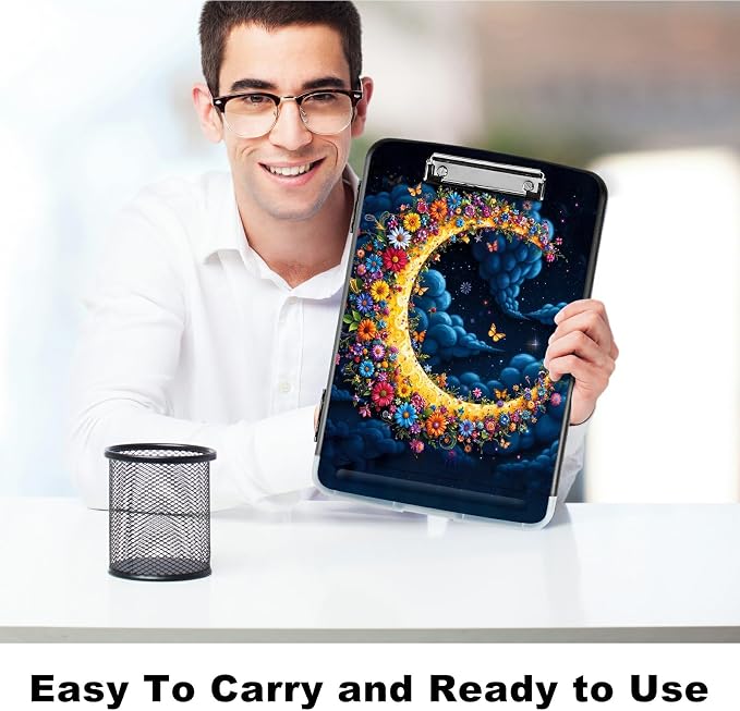 A4 Clipboard with Storage Pen Holder, Clipboards Organizer Nursing Clipboard Foldable File Folder Plastic Clipboard Folio Clip Board for Office Work Classroom Doctor, Dark Clouds Moon