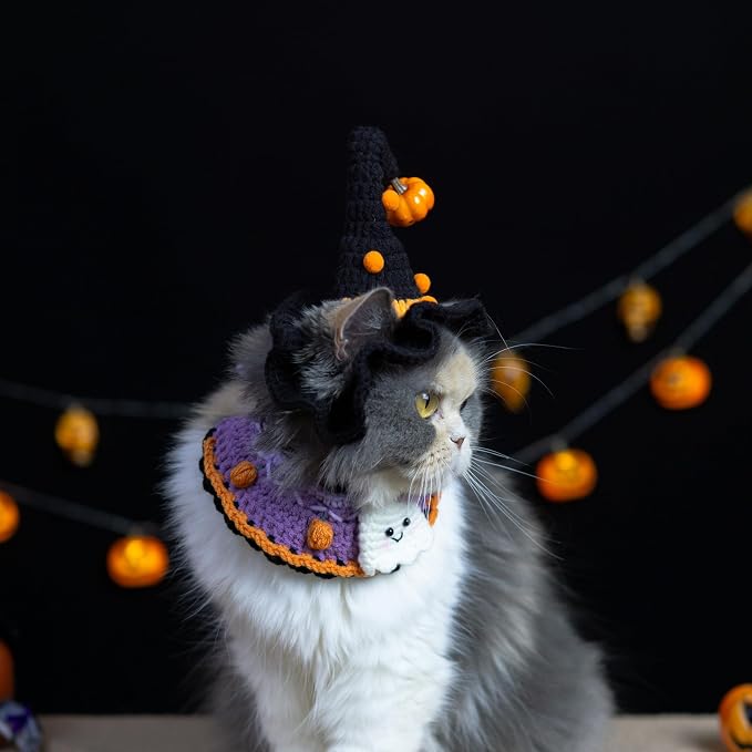 Cat Costume - Cute Ghost Bib & Pumpkin Hat for Cats and Small Sized Dogs, Festive Pet Apparel, Adjustable and Breathable Dog Witch Costume