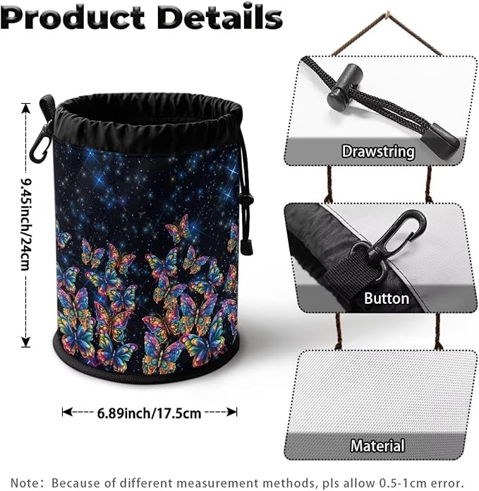 Rainbow Butterfly Clothespin Bag Holder Outside, Hanging Clothes Pin Bag with Drawstring Closure, Large-Capacity Clothespin Storage Organizer with Hooks