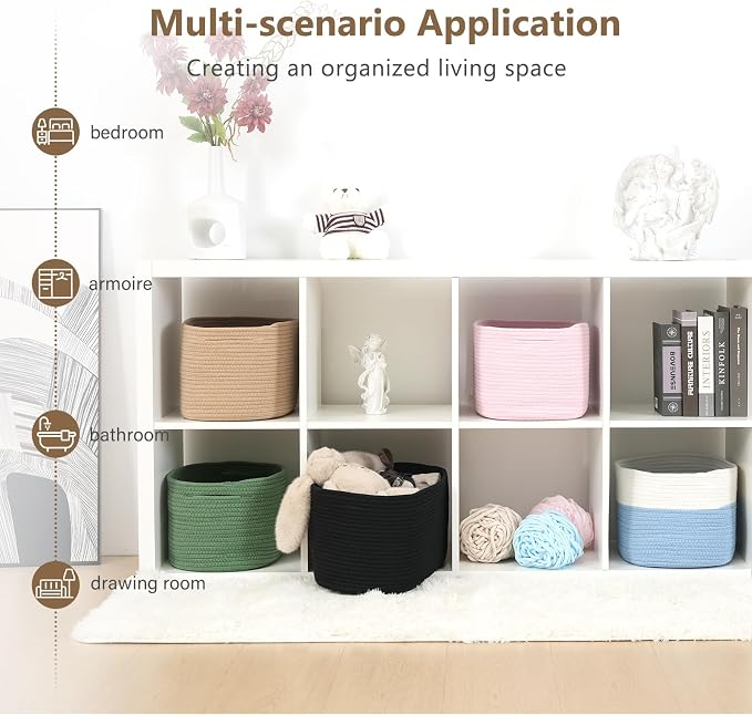 ECDYQXVU 15x10x9 Inch Woven Cotton Rope Storage Basket, 2 Pack | Foldable Design, Built-in Handles, Space-saving Organizer for Living Room, Bedroom, Laundry, Shelves, Clothes, Towels