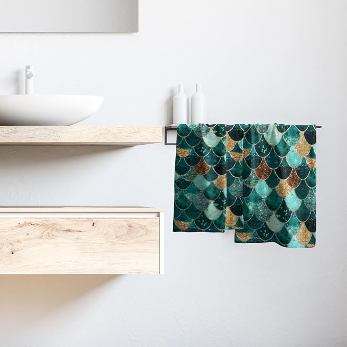 Giwawa Mermaid Hand Towels Set of 2, Teal Golden Fish Scale Turquoise Larger Towel, Summer Aqua Gold Brown Bath Tea Bar Fast Drying for Home Bathroom Kitchen Hotel Spa Decor Green Gold Mermaid