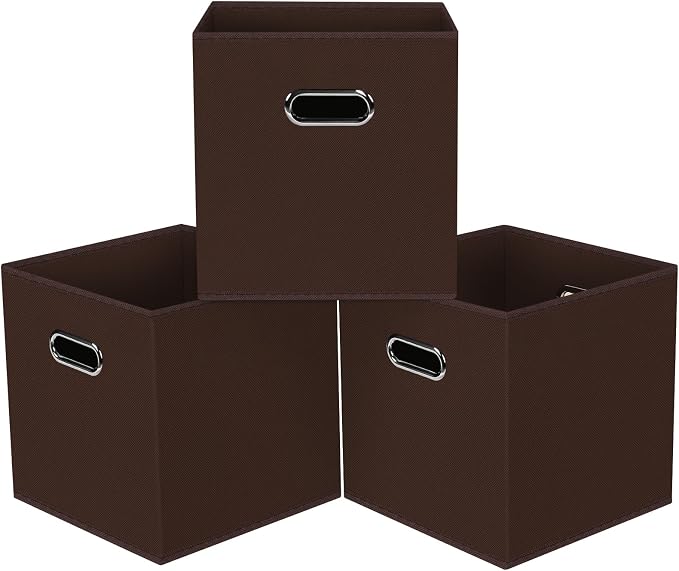 Black Foldable Storage Cubes Bins, Fabric Storage Box Cubes Organizer Baskets with Dual Handles for Home Organizer,Set of 3,(Coffee)