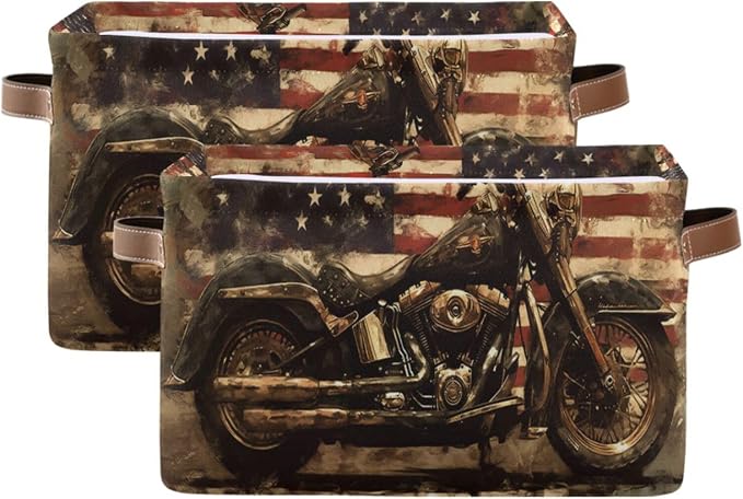 Kigai Motorcycle Flag Storage Basket with Handles Waterproof Collapsible Storage Bin Canvas Fabric Basket Decorative Box Closet Organizer for Nursery Bedroom Office