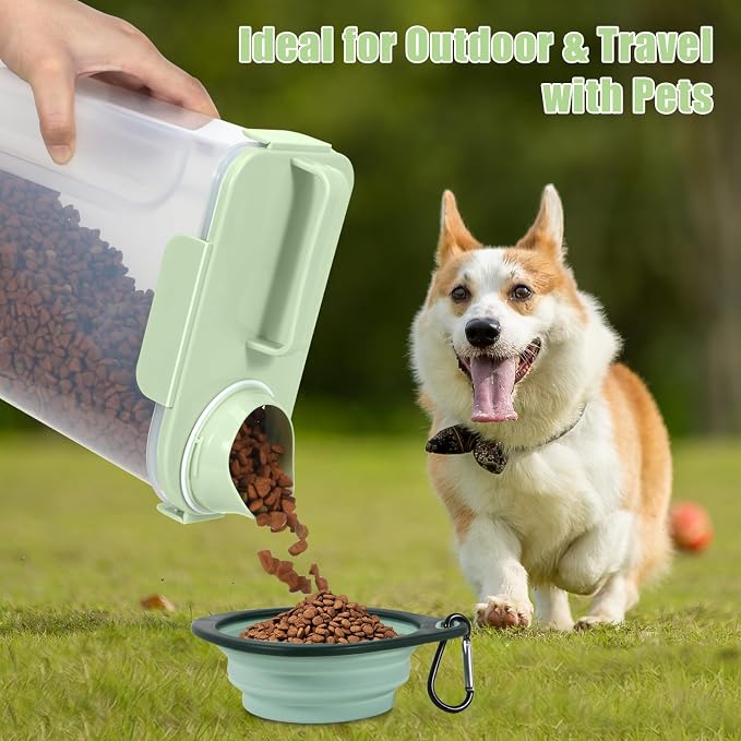 5 Lbs Pet Dog Food Storage Container for Travel Bird Seed Dispenser - Green | Portable Cat Food Containers with Collapsible Bowl 10 Lbs Rice Bin Airtight Cereal Oatmeal Flour Holder with Large Pour Spout