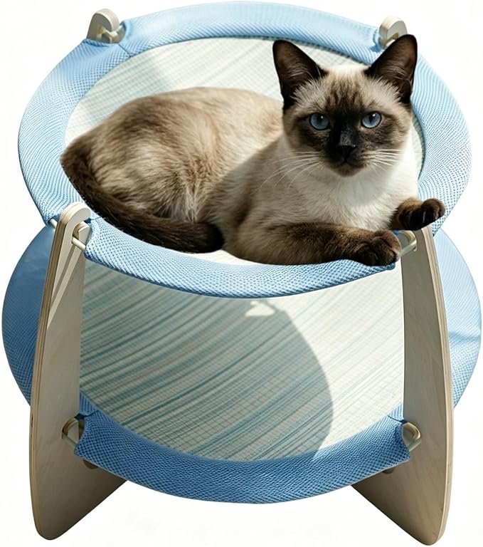 Elevated Cat Bed Breathable Mesh Hammock | Removable Washable Double Layer Wooden Cat Bed for Medium Large Breed All Season Home Indoor Balcony Living Room