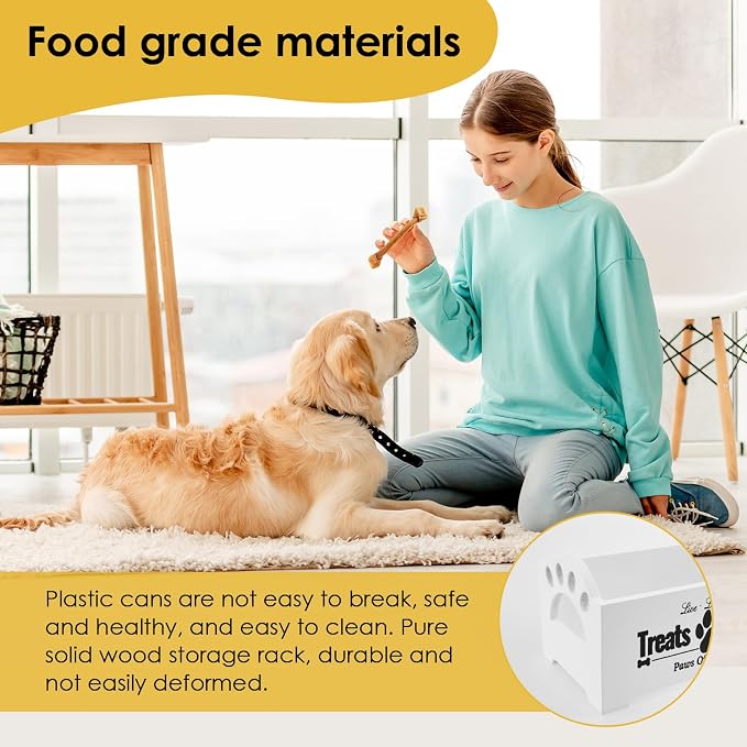 Dog Treat Container With 2 Plastic Jars, Farmhouse Pet Food Storage Organizer for Dogs and Cats (White)