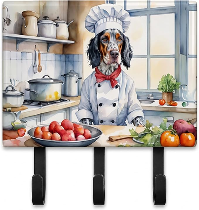 Caroline's Treasures English Setter The Chef Leash or Key Holder Wall Hooks, Key Hooks Holder, Coat Rack Wall Mount, Coat Hooks, Hooks for Hanging Keys, Towels, Aprons, Leashes | English Setter The Chef artwork on ceramic tile with three steel hooks fo...