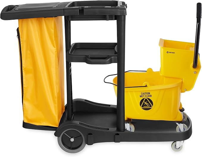 Commercial Janitorial Cleaning Cart on Wheels with Cover, Shelves and Vinyl Bag & Commercial Mop Bucket with Side Press Wringer, 26 Qt. Yellow