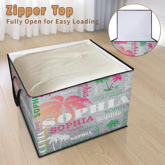 Personalized Name Large Storage Basket with Lid, Canvas Pink Green Tropical Palm Trees Storage Bins Quilt Clothes Organizer for Bedroom, Kitchen, Bathroom, Nursery, Shelves, Closets, Silver Glittery
