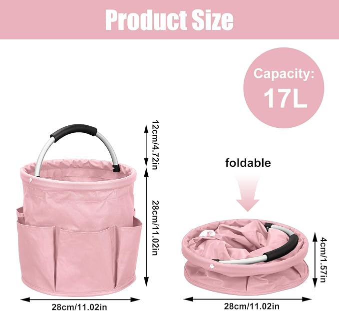 17L Cleaning Caddy with Handle, Foldable Cleaning Supply Caddy with 6 Pockets Cleaning Caddy Bag for Outdoor Camping Garden Harvest Basket Bathroom Storage (Pink)