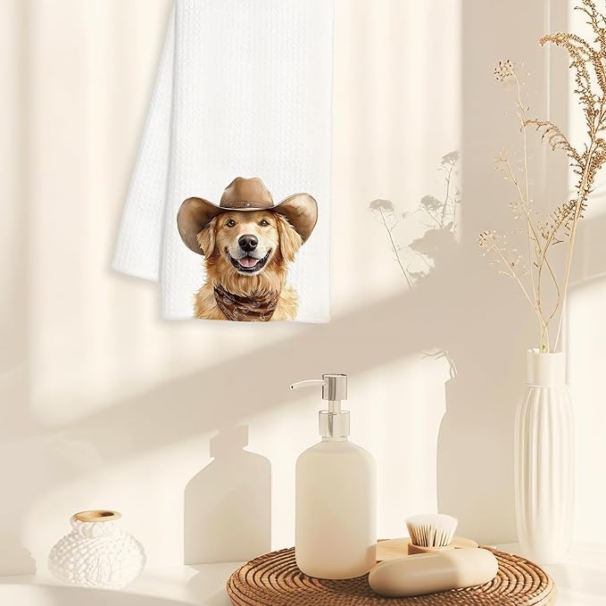 Western Golden Retriever Dog Gifts Kitchen Towels Decorative - Gifts for Golden Retriever Lovers Dish Tea Towels for Kitchen Drying, Cowboy Dog Hand Towels for Bathroom Decor, 16x24 Inch
