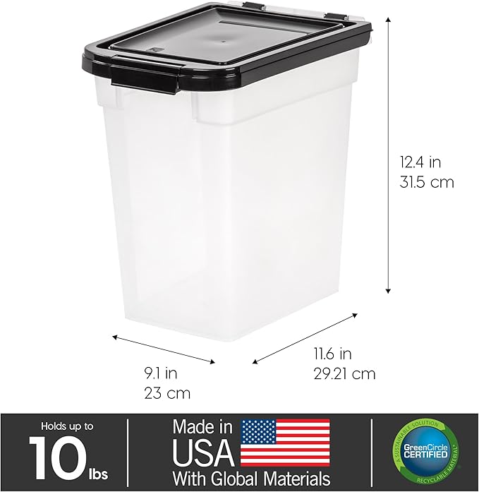IRIS USA Dog Food Storage Container, Up to 10 lbs, Clear/Black, Made in USA | BPA-Free, Airtight Seal, Best for Cat Food, Bird Seed, Chicken Feed, Pet Toys, Treats, Pellets