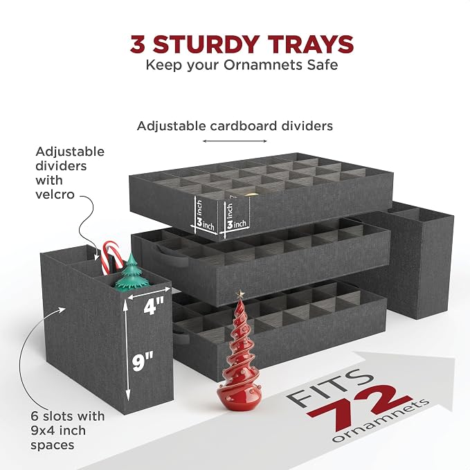 Premium Christmas Ornament Storage Box – Holds up to 72-3” Ornaments + 6 Side Slots for Figurines & Nutcrackers – Holiday Decoration Organizer – Durable 600D Black Canvas