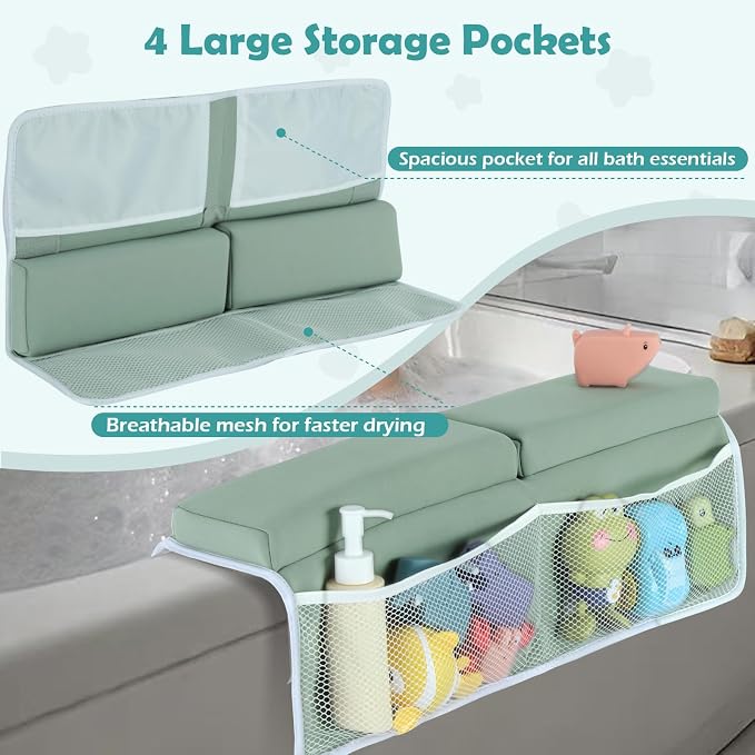 Baby Bath Kneeler and Elbow Rest Pad Set, Gray Green | 1.5" Thick Soft Memory Foam, Bath Toys Organizer, Non-Slip, Quick-Dry, Foldable, Gift for Parents