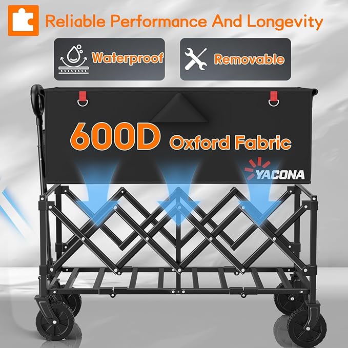 Extra Long Wagons Carts Foldable, 360LBS Heavy Duty Collapsible Wagon with Wheels, Folding Wagon Portable Utility Cart for Groceries, Shopping, Camping, Sports