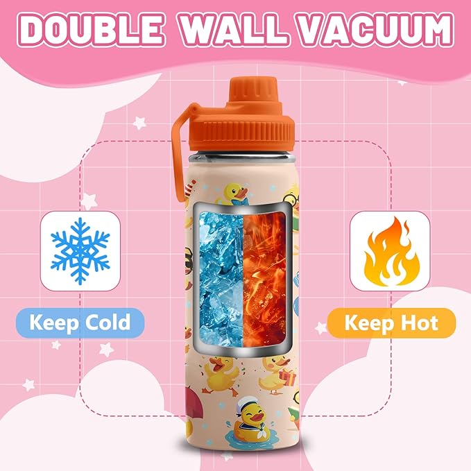 Duck Gifts, 18 oz Stainless Steel Water Bottles with 2 Lids, Insulated Water Bottle with Straw, Duck Cups for Travel Sports Outdoor, Birthday Christmas Gifts for Boys Girls Ducks Lovers (1pcs)