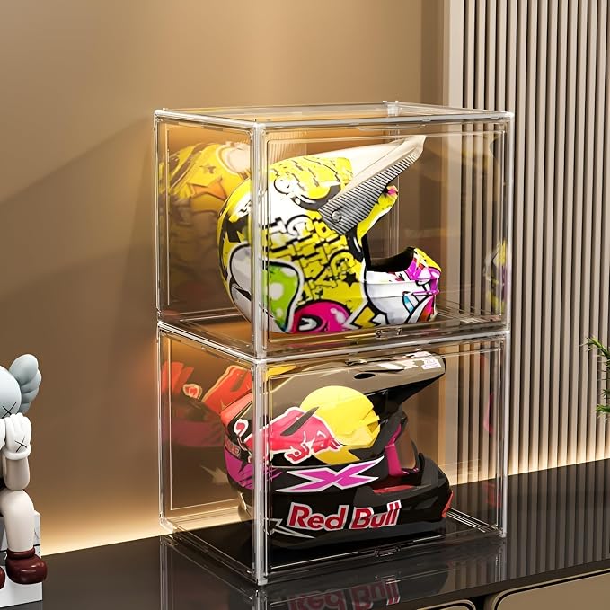 GUDEMAY Large Clear Stackable Plastic Storage Bins with Door, Dustproof Figures Collectibles Display Case, Football & Motorcycle Helmet Showcase, Basketball, Memorabilia Organizer Box (XL, Count, 1)