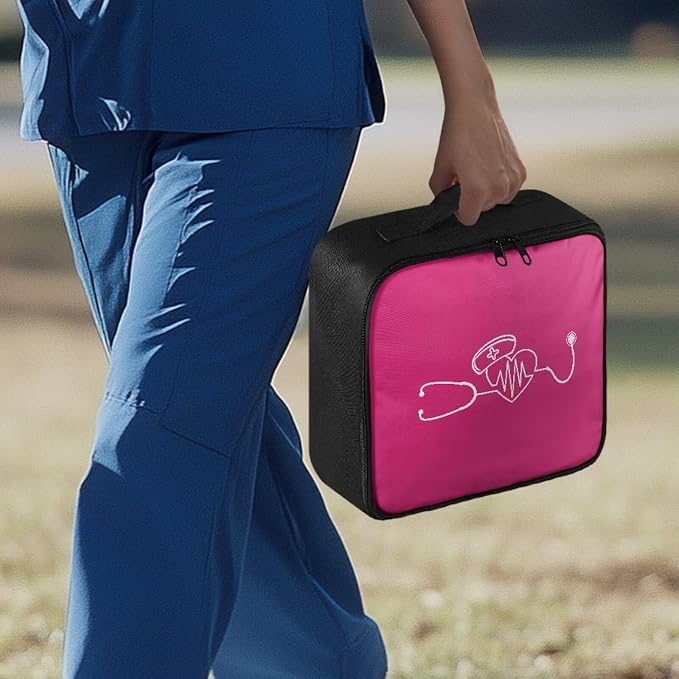 Cute First Aid Bag Empty Nurse Medical Bag Empty Stethoscope Pattern First Aid Pouches Empty Pink Medical Supplies Organizer Bag for School Kids Student Car Home Camping Hiking