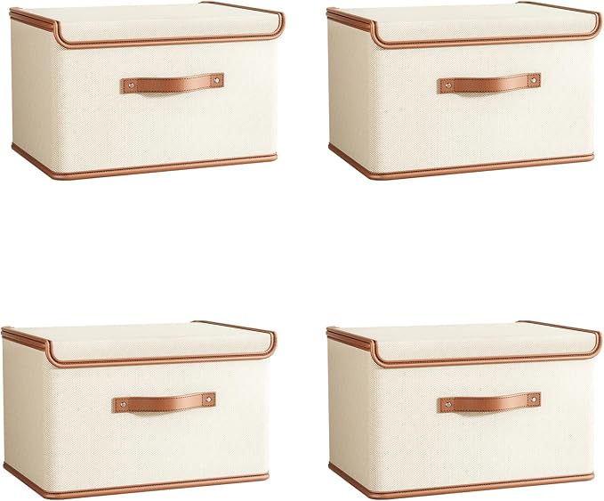 Tuza 4 Pack Storage Bins with Lids, Collapsible Closet Organizer Container, Fabric Organizer Box with Handles, Decorative Storage Boxes with Lids for Organizing Clothes, Books, File, White, Large