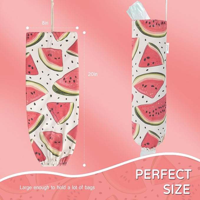 Plastic Bag Holder, Reusable Grocery Bag Holder for Plastic Bags Groceries Store, Flower Canvas Trash Plastic Bag Organizer Storage Holders for Home Kitchen Pantry Decor (Cute Watermelon)