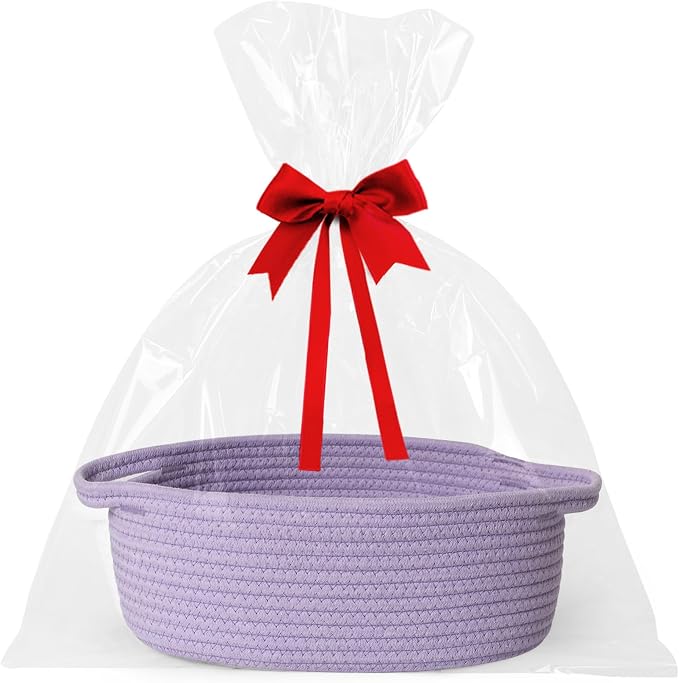 Small Baskets for Gifts Empty, 13"x 9"x 5" Woven Gift Basket with Bag and Ribbon, Cotton Rope Kids Dog Cat Toy Bin Box, Cute Baby Nursery Organizer, Decorative Storage with Handles,Purple