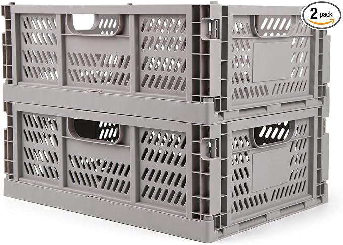 2 Pack Stackable Storage Crates, Plastic Foldable Baskets Large, Gray | Easy-carry handles, suitable for toys books groceries office supplies and household storage for home office shopping