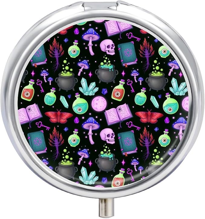 Round 3 Compartment Pill Organizer Witch Witchy Mushroom Skull Goth Gothic Black, Cute Metal Pill Case with Mirror for Purse Pocket