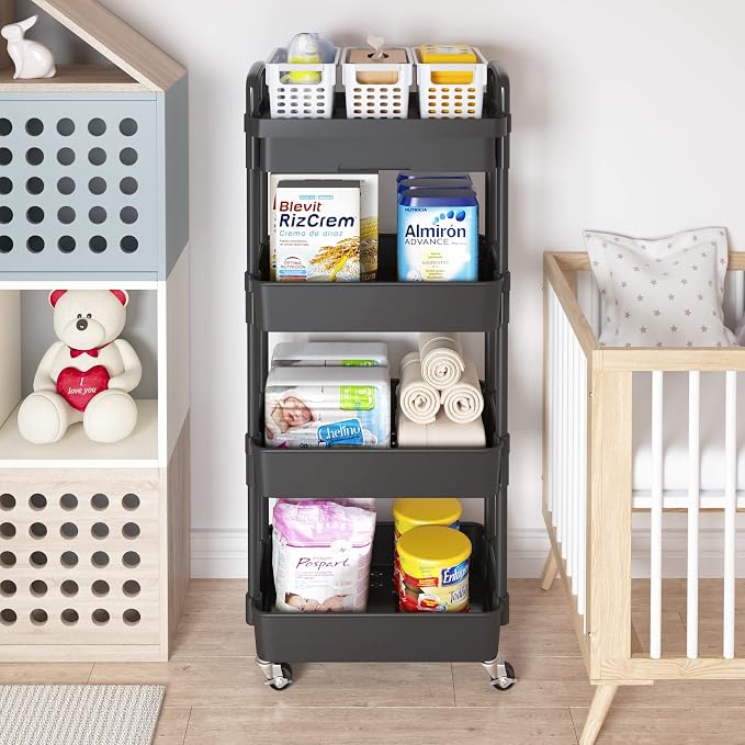 Calmootey 4-Tier Utility Cart with Drawer & Wheels, Storage for Home,Office | Space-Saving Organizer, Sturdy Plastic Shelves, Smooth-Rolling Metal Wheels, Built-in Drawer for Small Items, Black