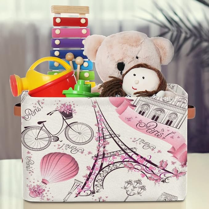 Storage Basket Floral Paris Eiffel Tower, Large Foldable Organizer Storage Bins for Shelves, Sturdy Canvas Cubes Storage Boxes with Handles for Toys Closet Nursery Office Living Room 15" x 11" x 9.5"