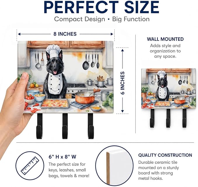 Caroline's Treasures Belgian Sheepdog The Chef Leash or Key Holder Wall Hooks, Key Hooks Holder, Coat Rack Wall Mount, Coat Hooks, Hooks for Hanging Keys, Towels, Aprons, Leashes | Belgian Sheepdog The Chef artwork on ceramic tile with three steel hook...