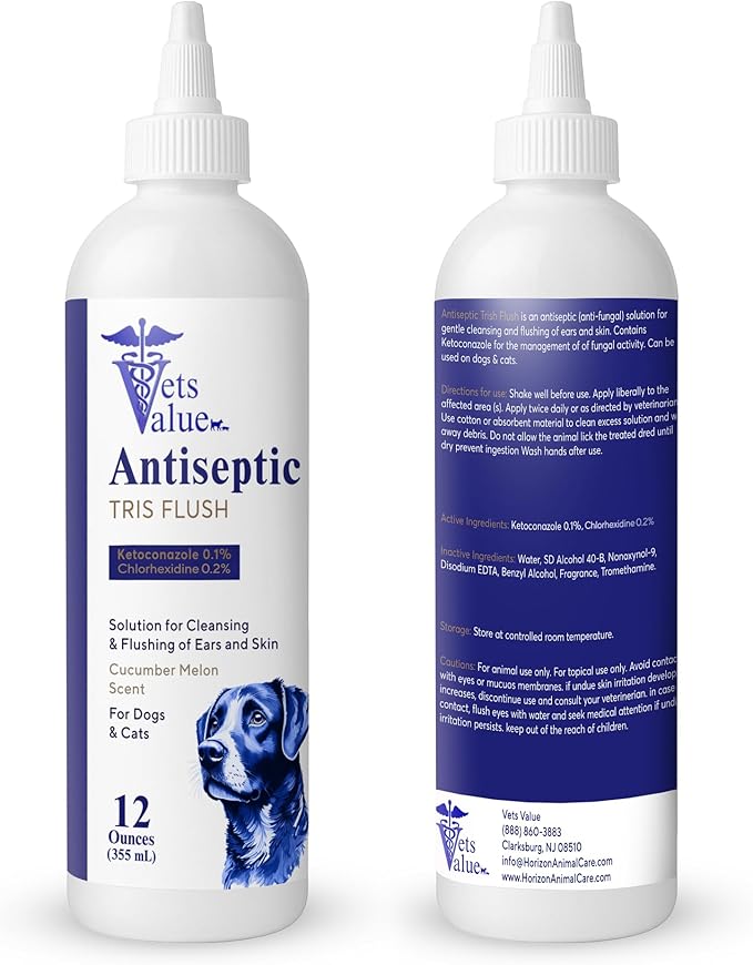 Vets Value Tris Flush Ear Cleaner for Dogs & Cats – 8oz Alcohol-Free, Non-Stinging Veterinary Ear Wash – Supports Routine Ear Hygiene, Odor Control, Gentle Formula – Made in USA