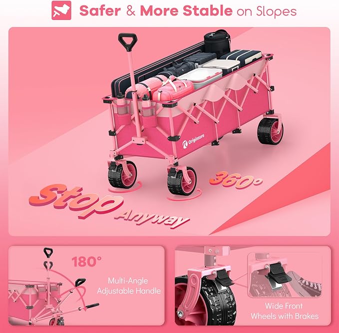 Originsure 300L Beach Wagons Carts Foldable with Big Wheels, 560lbs, Pink | 48" Folding Utility Wagon,7" All-Terrain Wheels,Heavy Duty Frame,Compact&Space-Saving,for Camping,Sports,Grocery,Garden