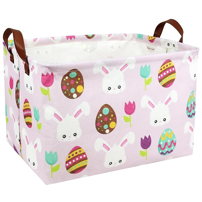 Large Empty Easter Basket for Kid Pink Fabric Personalized Bunny Eggs Easter Gift Basket for Boy and Girl (Rabbit Easter Egg Tulip)