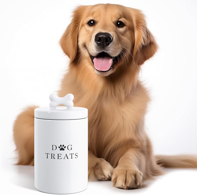 Barnyard Designs Ceramic Dog Treat Container with Airtight Lid (White) | Large Rustic Storage Canister and Cookie Jar for Kitchen Counter; Airtight Lid Keeps Food Fresh; Farmhouse Decor