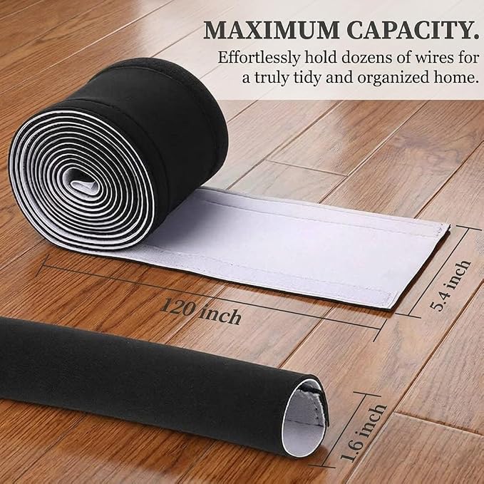 Cable Sleeve - 10ft Non-Toxic Chew-Proof Wire Covers Cord Wrap for Cords | Certified non-toxic,Chew-proof cord cover,Waterproof neoprene,Black/white reversible,10ft cuttable hook-and-loop