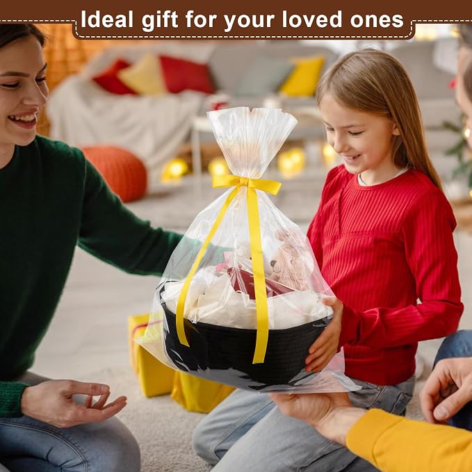 OIAHOMY Gift Basket with Handle, Small Woven Basket with Gift Bag, Ribbon and Wrap Tissue Paper, Nursery Bins Empty to Fill with Small Items, Baby, Pet Toy Organizer - Black