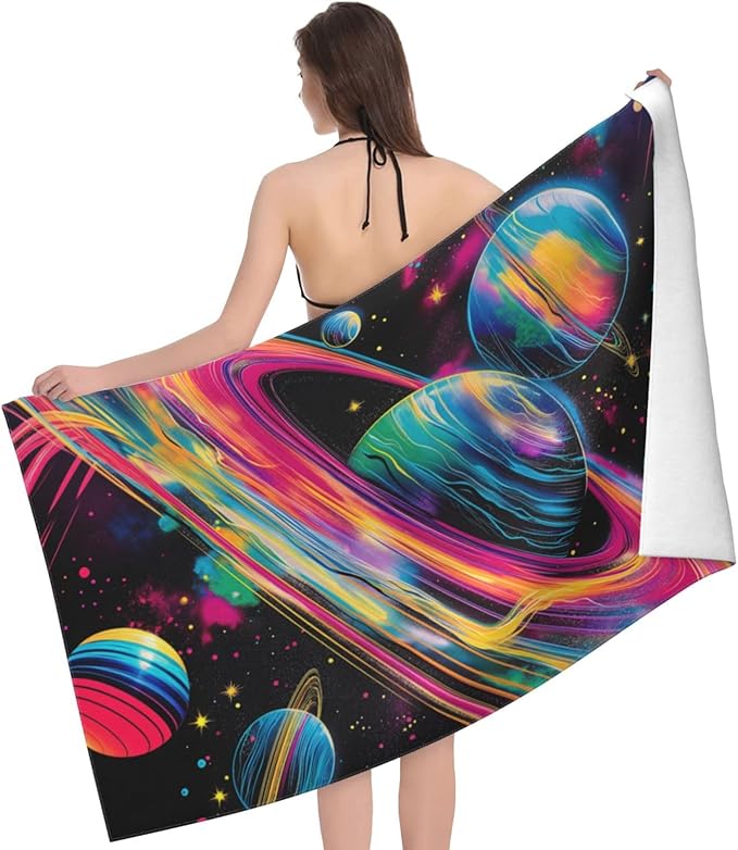Cosmic Planets Beach Towel 31inx51in, Galaxy Sand-Free Microfiber Bath Towel Ultra Soft Quick Dry Pool Towel Absorbent Towel Lightweight Towel for Swimming Bathroom Decor