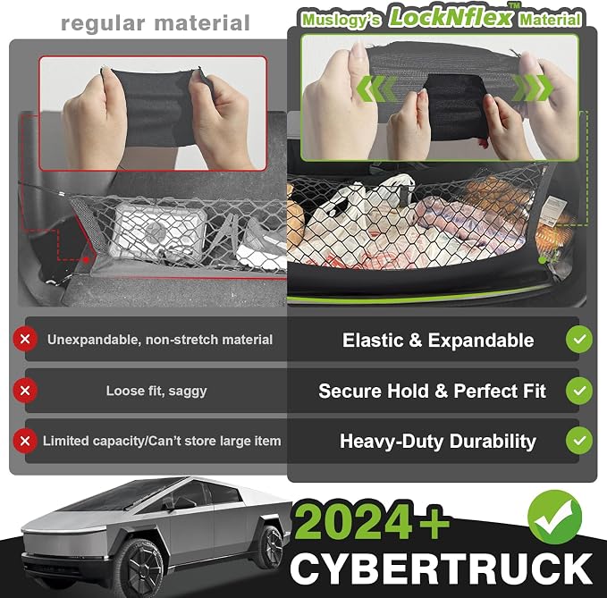Muslogy Cargo Net for Tesla Cybertruck 2024 2025 2026 Accessories | Custom Fit, Truck Bed Storage Organizer Net for Pickup Truck Bed Divider, Heavy Duty Carabiners, Night Visible Grab Handle
