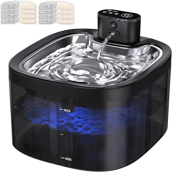 Cat Water Fountain Cordless: Battery Operated 118oz/3.5L Pet Water Fountain for Cats Indoor with Motion Sensor, Stainless Steel Tray, Ultra Quiet, Easy-to-Clean, Gifts for Cats, Dogs (8Filters)