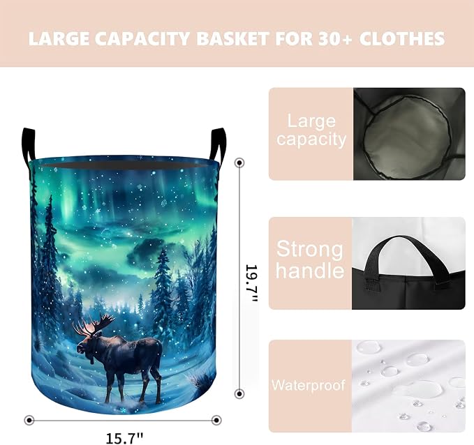 Northern Lights Moose Laundry Basket Hamper 19.7"x15.8", Organizer Bins Gifts for Kids Boys Girls, Snow Forest Animal Foldable Waterproof Oxford Clothes Storage Bucket for Bedroom Bathroom Decor