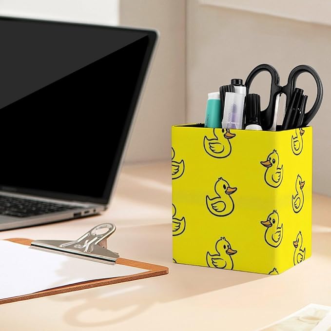 Pen Pencil Holder, Cute Funny Yellow Rubber Duck Pen Container Box Stationery Organizer Case Pu Leather Makeup Brush Holder Office Supplies for Desktop