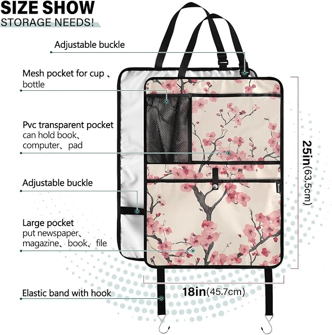 JIPONI Car Backseat Organizer, Japan Cherry Blossoms Automotive Back Seat Protector, Kick Mats with Storage Pockets for Kids Pets, Road Trip Accessories (2 Pack)