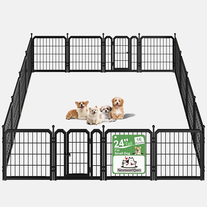 Outdoor Dog Playpen, 24 Inch 16 Panels Pet Fence, Black | 2 Doors for Easy Access, Adjustable and Expandable Design, Pet-Safe Edges and Secure Lock, Rust-Resistant, Yard and Home Use
