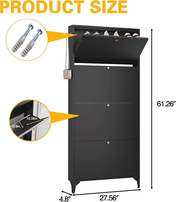 Shoe Cabinet with 4 Flip Drawers, Narrow Shoe Storage Cabinet, Farmhouse Shoe Organizer, Freestanding Organizer with Metal Legs for Entryway, Foyer (Black, 4 Door)