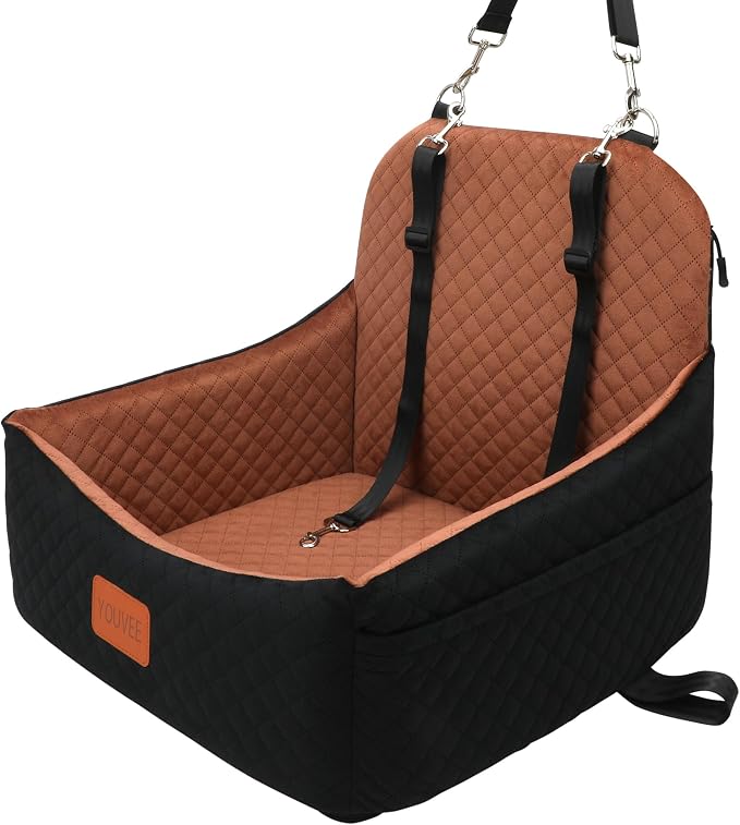 Dog Carseat for Small Dogs,Pet Safety Travel Bed with 3Seatbelt-Black/Brown | Storage Pockets,Non-Slip Bottom,Memory Foam with Detachable Washable Cover and Easy to Install